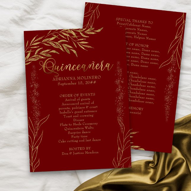 Programa Quinceanera elegante de hojas rojas y doradas (Red Program from my Gold Leaf Quinceanera Collection)