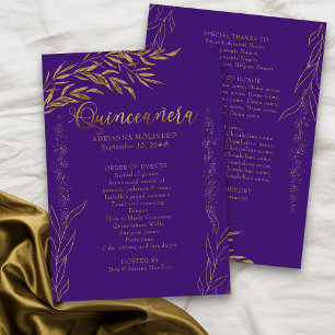 Programa Quinceanera elegante de púrpura y hoja de oro