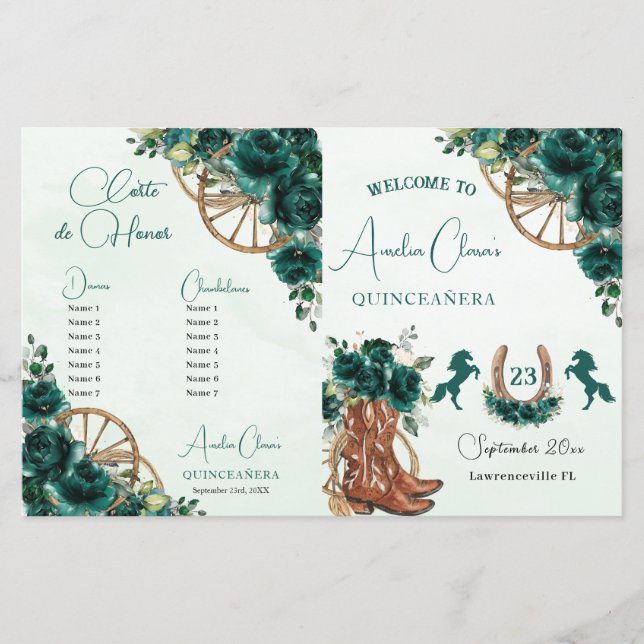 Programa Quinceañera Emerald Green Floral Charro (Anverso)