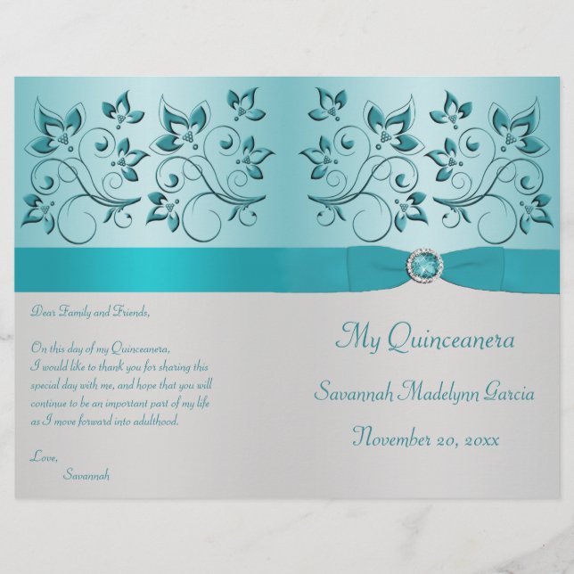 Programa Quinceanera floral Aqua y Silver (Anverso)