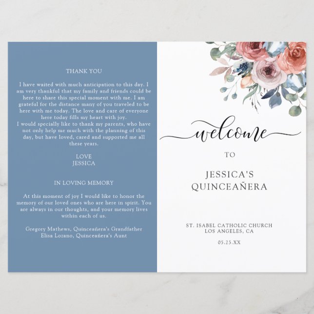 Programa Quinceanera Floral Azul y Rubor (Anverso)
