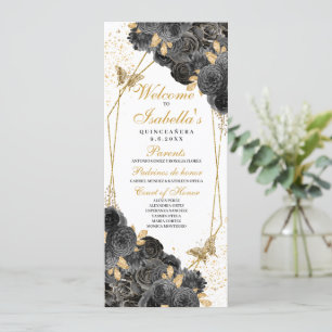 Programa Quinceanera floral de color negro y oro