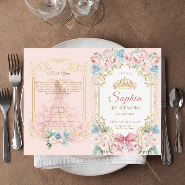 Programa Quinceanera Floral de color rosa (Classy Pink Blue Floral Quinceanera Program)