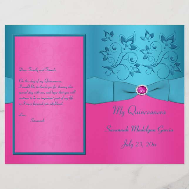 Programa Quinceanera Floral de Fuchsia y Turquesa (Anverso)
