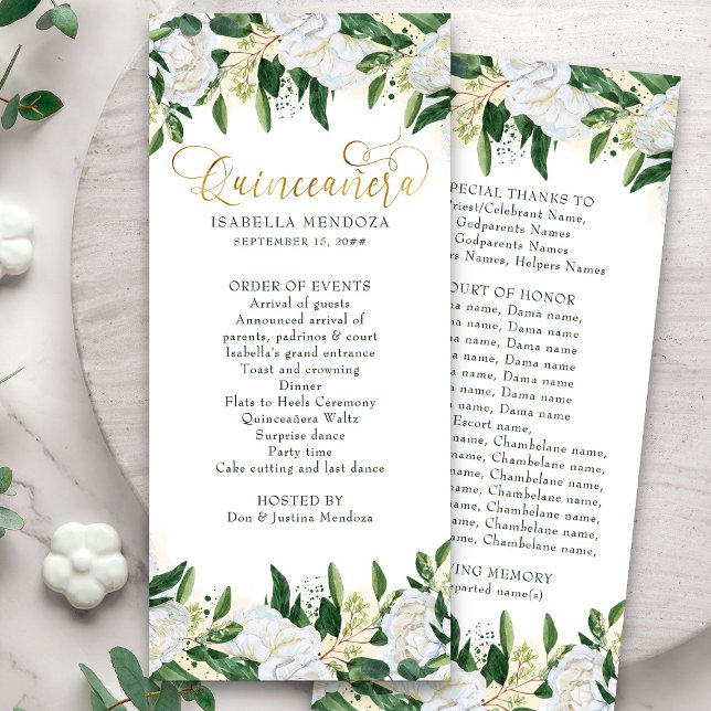 Programa Quinceanera Floral de Peonia Verde y Blan (Quinceanera program and order of events from my Emerald Greenery & White Peony collection)