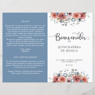 Programa Quinceanera floral en español, azul y Rub