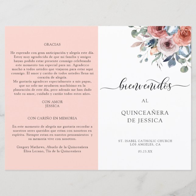Programa Quinceanera floral español, Rubor y azul (Anverso)