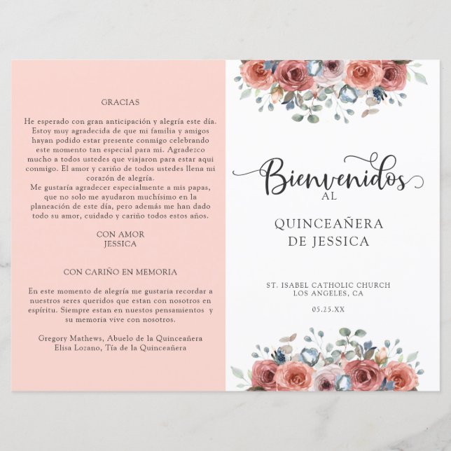Programa Quinceanera floral español, Rubor y azul (Anverso)