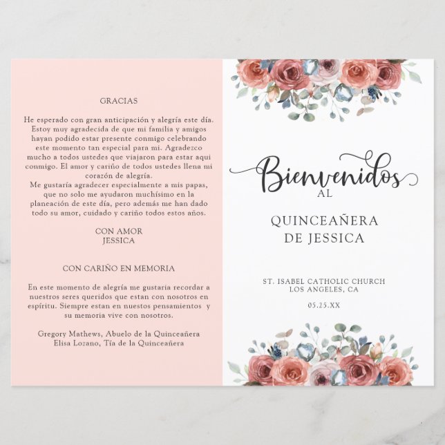 Programa Quinceanera floral español, Rubor y azul (Anverso)