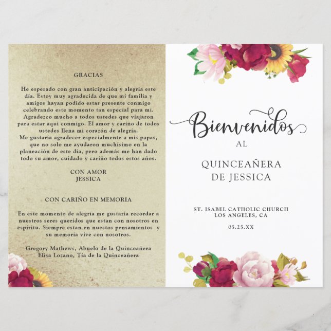 Programa Quinceanera floral floral española de oro (Anverso)