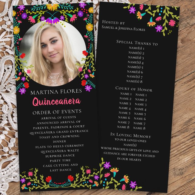 Programa Quinceanera Floral Mexicana Fiesta Negro (Quinceanera order of events with custom photo and colorful mexican fiesta flowers on black)