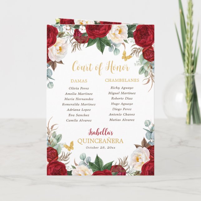Programa Quinceanera floral roja Princesa Padrinos Evento (Reverso)
