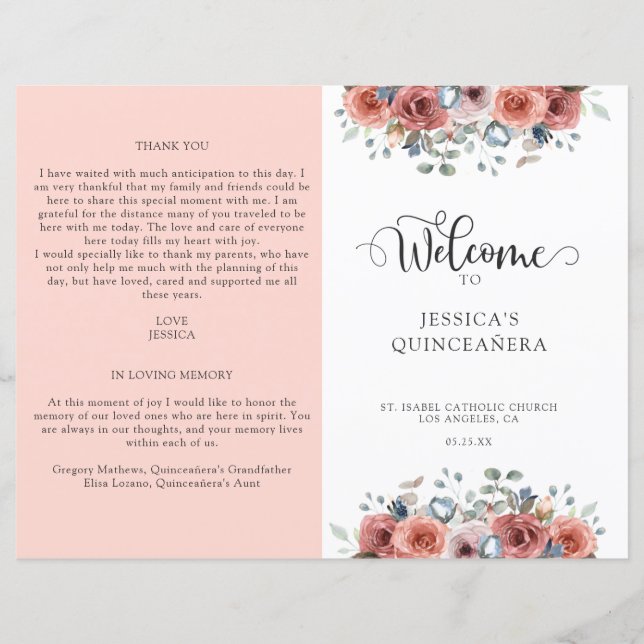 Programa Quinceanera floral rosa y azul de Rubor (Anverso)