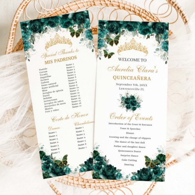 Programa Quinceañera floral verde esmeralda Orden de evento (Subido por el creador)