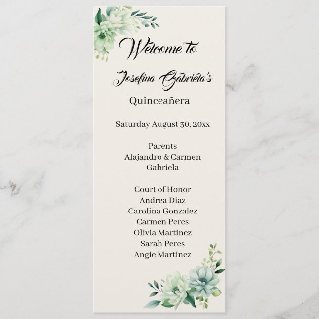 Programa Quinceanera green floral double side program card  (Anverso)