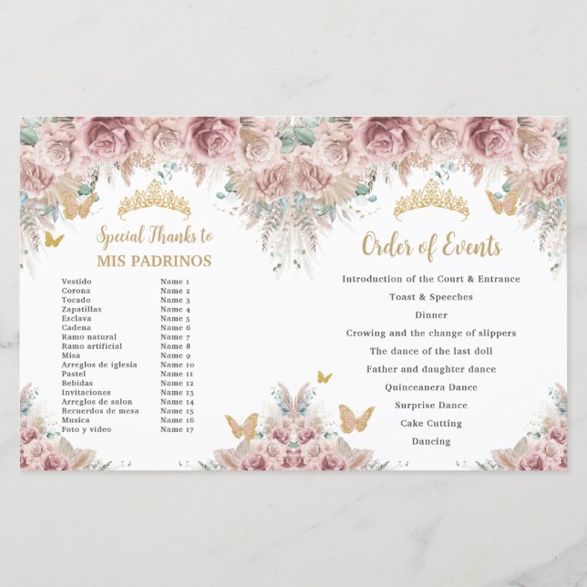 Programa Quinceañera Rubor Floral Pampas Padrinos (Reverso)