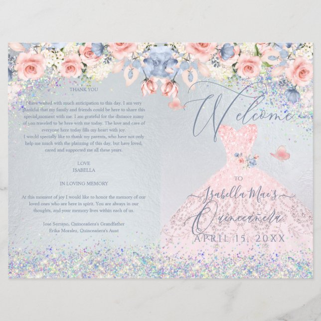 Programa Quinceanera Rubor Purpurina floral rosa (Anverso)