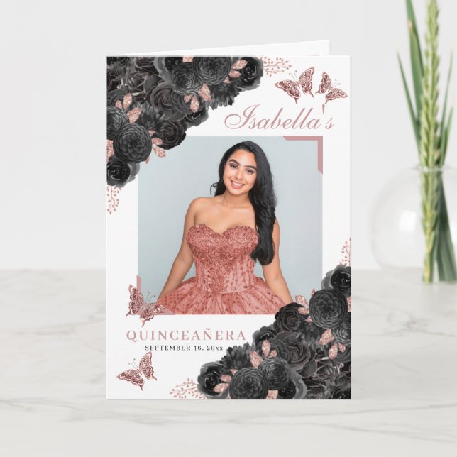 Programa Quinceanera Tiara Butterflies de oro negro y Rosa (Anverso)