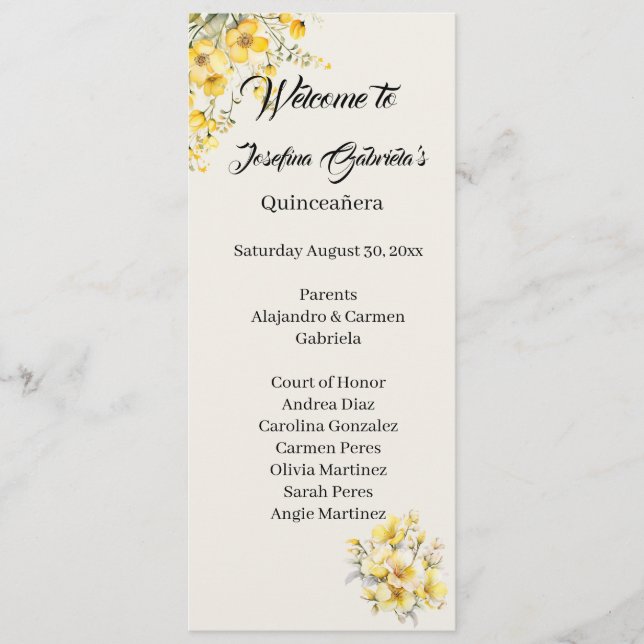 Programa Quinceanera yellow gold double side program card  (Anverso)