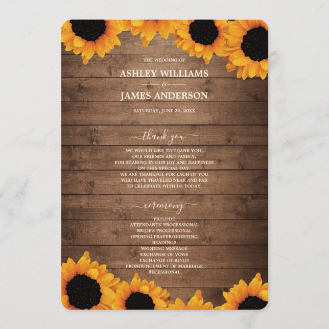 Programa Radiant Sunflower Rustic Wood Wedding (Anverso)