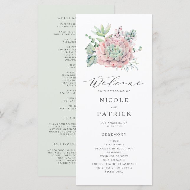 Programa Ramo de Suculentas Pastel Acuarela para Boda (Anverso / Reverso)