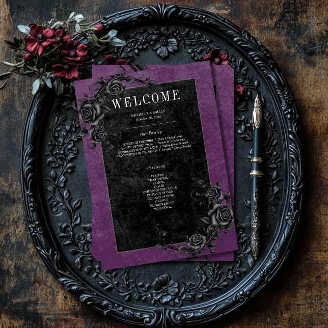 Programa Raven negro gótico y Boda morado Rosas negros (Gothic Black Raven & Black Roses Purple Wedding Program)