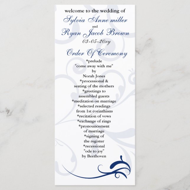 programa real de boda azul y blanca Tarjeta de rac (Anverso)