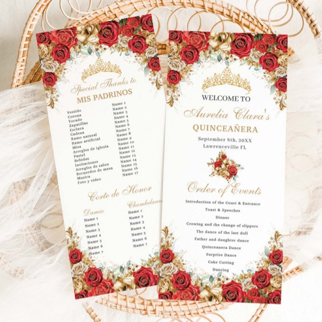Programa Red and Gold Floral Quinceanera Order of Events (Subido por el creador)