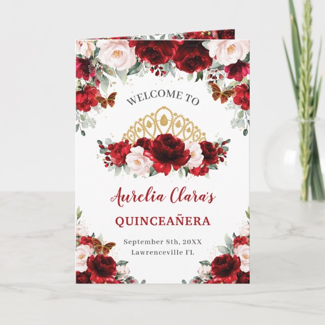 Programa Red Blush Floral Gold Quinceañera Orden de eventos (Anverso)