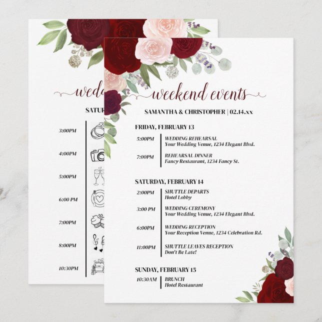 Programa Red & Pink Boho Roses Wedding Events & Timeline (Anverso / Reverso)