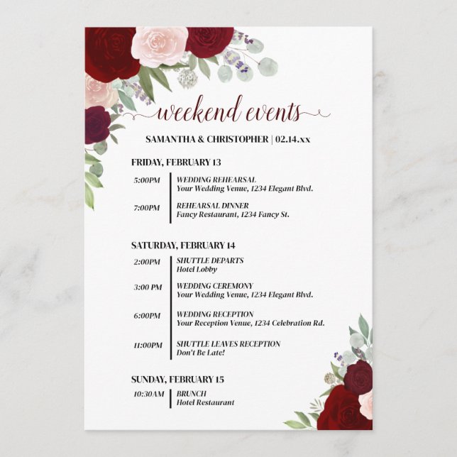 Programa Red & Pink Boho Roses Wedding Events & Timeline (Anverso)