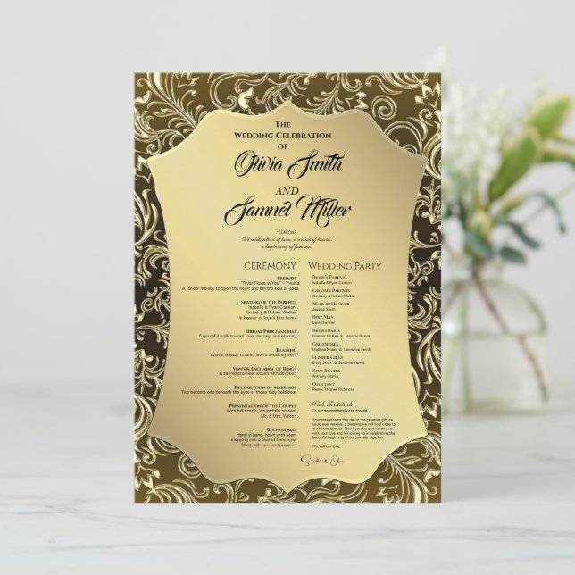Programa Regal Black Gold Damask Wedding (Anverso de pie)