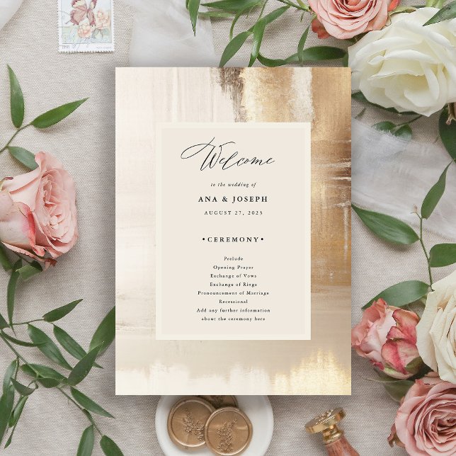 Programa Resumen de oro | Boda elegante (An elegant, modern wedding program with a gold abstract border and a neutral beige center)