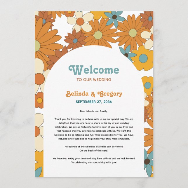 Programa Retro Flowers 60's 70's Arch Boda Itinerary (Anverso)