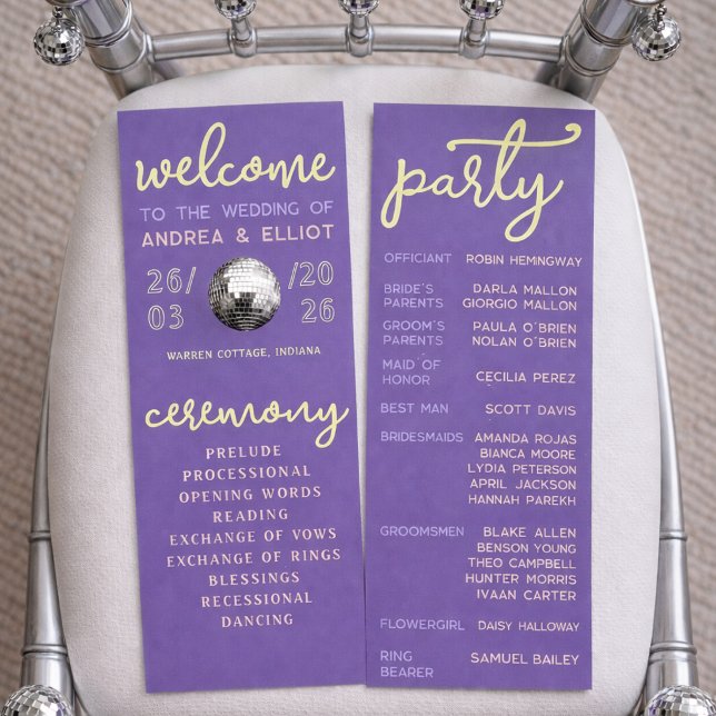 Programa Retro Purple Spring Disco Wedding Ceremony Program (Subido por el creador)