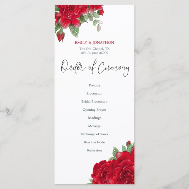 Programa Rich Red Roses Floral Styl Boda de guiones (Anverso)