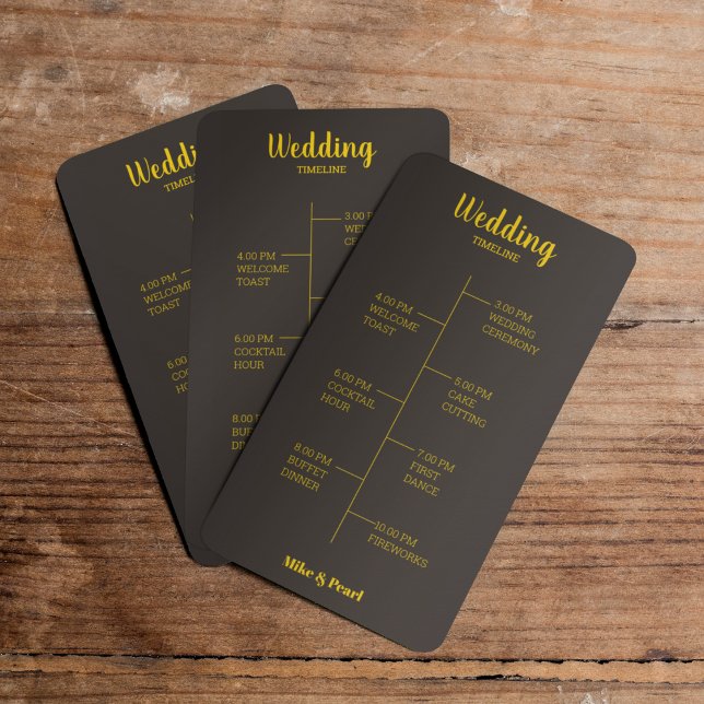 Programa Rico oro en el tema del Boda negro (Let your wedding timeline card match your wedding theme.)