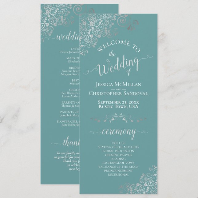 Programa Rizados Elegantes de Plata en Boda Azul Teal o Tur (Anverso / Reverso)