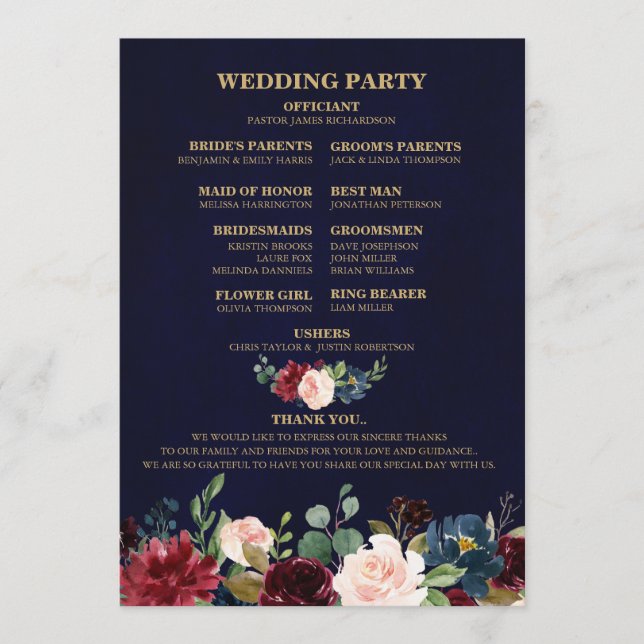 Programa Rojo Borgoña Naval Floral Rústico Boho Abanico Esp (Anverso)