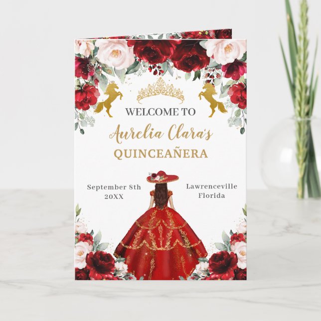 Programa Rojo Floral Charro Quinceañera Orden Eventos (Anverso)