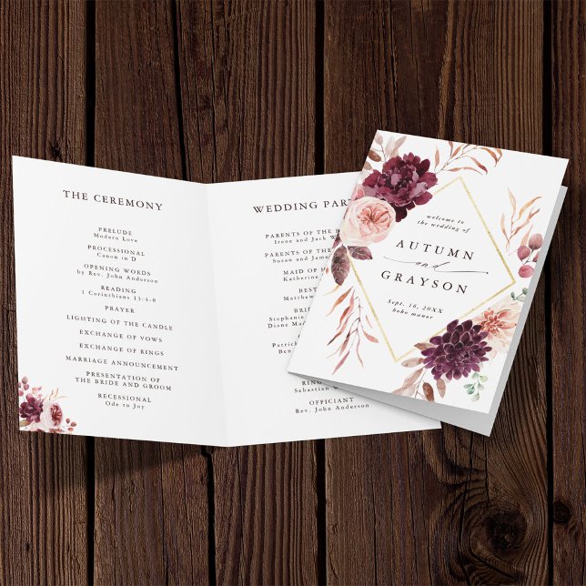 Programa Romance otoñal Borgundy Boda doblado (Front & Inside)