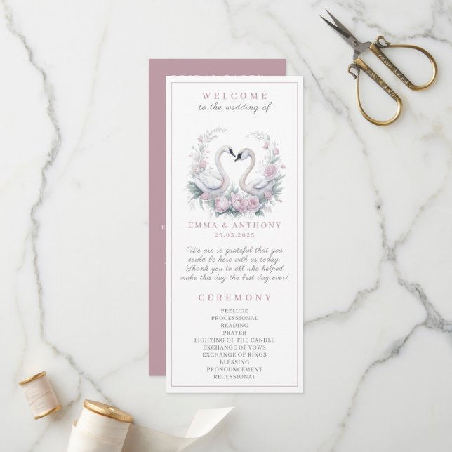 Programa Romántico de Boda Pareja de Cisne Rosa (Anverso/Reverso In Situ)