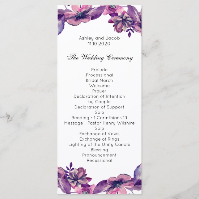 Programa romántico de bodas. Ceremonia floral púrp (Anverso)