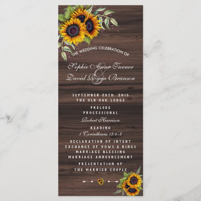 Programa Romántico de Bodas de Madera de Sunflower (Anverso)