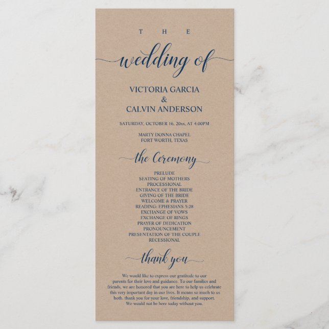 Programa Ropa marrón, azul marino clásico, ceremonia Boda (Anverso)