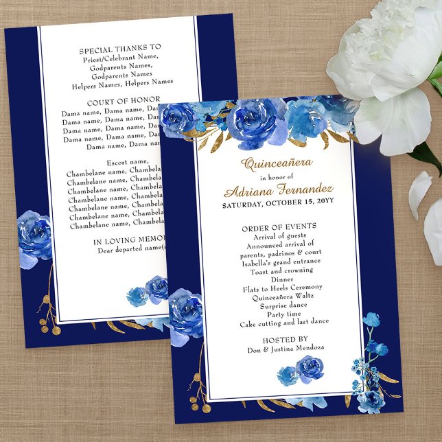 Programa Rosa azul real y elegante hoja de oro Quinceanera (Program Order of Events card from my Rose and Gold Leaf quinceanera collection)