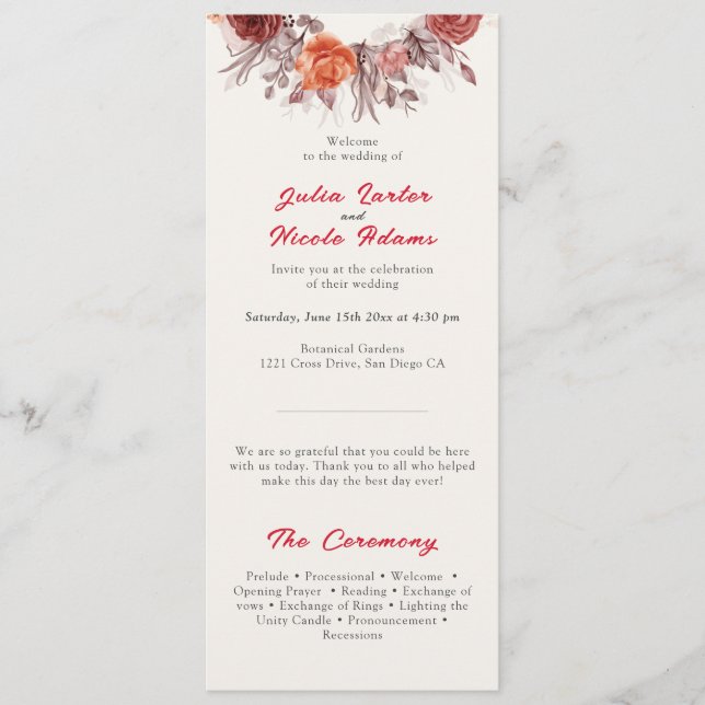 Programa Rosa de Borgoña Boho Floral Pampas Boda de Grass (Anverso)