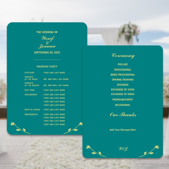 Programa Rosa de matrimonio completo verde azulado (Create full wedding programs in beautiful teal and gold color)