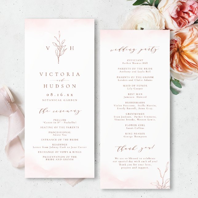 Programa Rosa de oro simple boda botánico en monograma (Rose gold simple botanical monogram wedding program)
