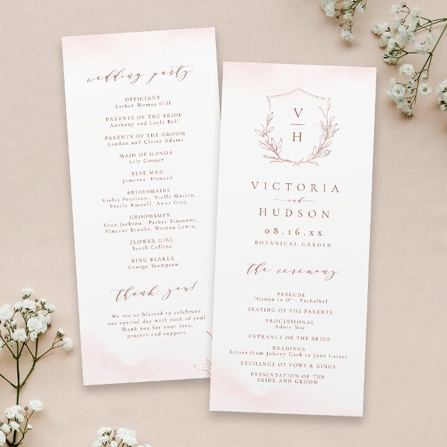 Programa Rosa de oro simple escudo botánico monograma boda (Rose gold simple botanical crest monogram wedding program)